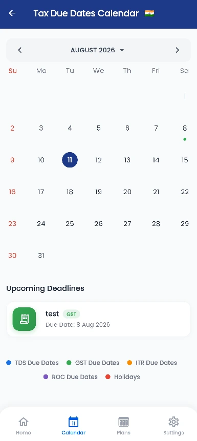 Foldy tax due dates calendar with upcoming deadlines and a legend for TDS, GST, ITR and ROC due dates
