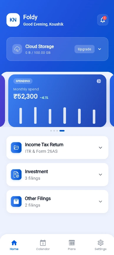 Foldy dashboard with cloud storage, a monthly spend card, and Income Tax Return, Investment and Other Filings sections