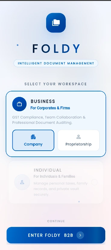 Foldy workspace selection screen offering a Business workspace or an Individual workspace